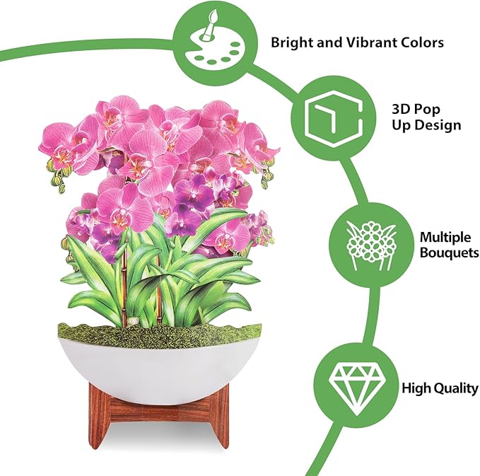 Pop Up Cards,Butterfly Orchid,12 Inch Forever Flower Bouquet 3D Popup Greeting Cards With Blank Note Card and Envelope,Perfect For Birthday, Christmas, Thanksgiving Day,Mother's Day Gifts