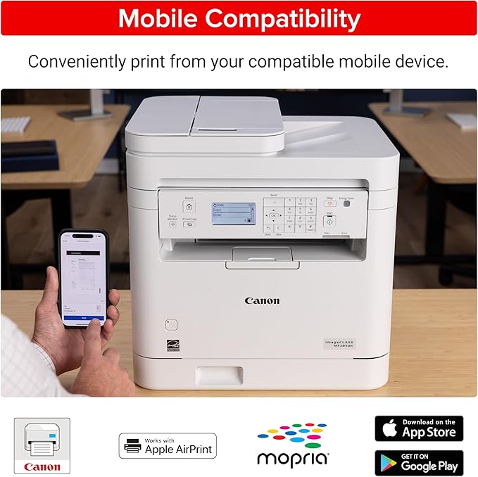 Canon imageCLASS MF284dw - Monochrome, Duplex, Wireless Laser Printer, Multifunction with Print, Copy, Scan, Auto Document Feeder, 1 Year Limited Warranty, 35 PPM, White