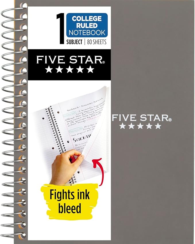 Five Star Spiral Notebook, 1 Subject, College Ruled Paper, Personal Size - 7" x 4-3/8", 80 Sheets, Gray (450048AA3-ECM) (Packaging May Vary)