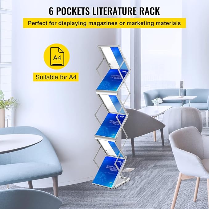 VEVOR Collapsible Literature Rack, Dual-Sided 6-Slot Leaflet Holder, Easy-to-Transport Brochure Stand with Travel Bag for Conferences and Office Use