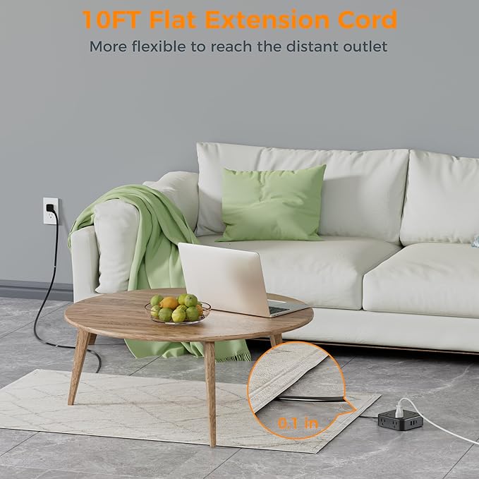 Power Strip Surge Protector 10 Ft Cord, 8 AC Outlets, 3 USB Charger (1 USB C Port), Thin Flat Extension Cord 10 Feet, Flat Plug, 900 Joules Protection, for Home, Office, Dorm Room Essentials, Black