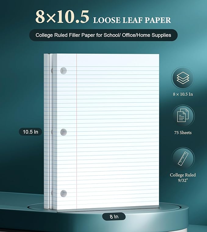 Notebook Paper 8 x 10.5 Inch, 2 Pack Loose Leaf Paper, Loose Leaf Paper College Ruled, Double-Sided Printing Lined Paper Notepad, 3-Ring Binders, 75 Sheets Per Pad, Filler Paper for Taking Notes