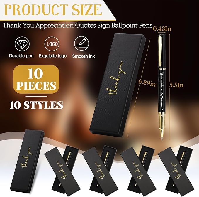 PerKoop 10 Set Thank You Gifts Inspirational Ballpoint Pens with Gift Boxes Bulk Appreciation Party Favors for Employee Coworker Staff Team Friends Office Supplies(Black,Mixed)