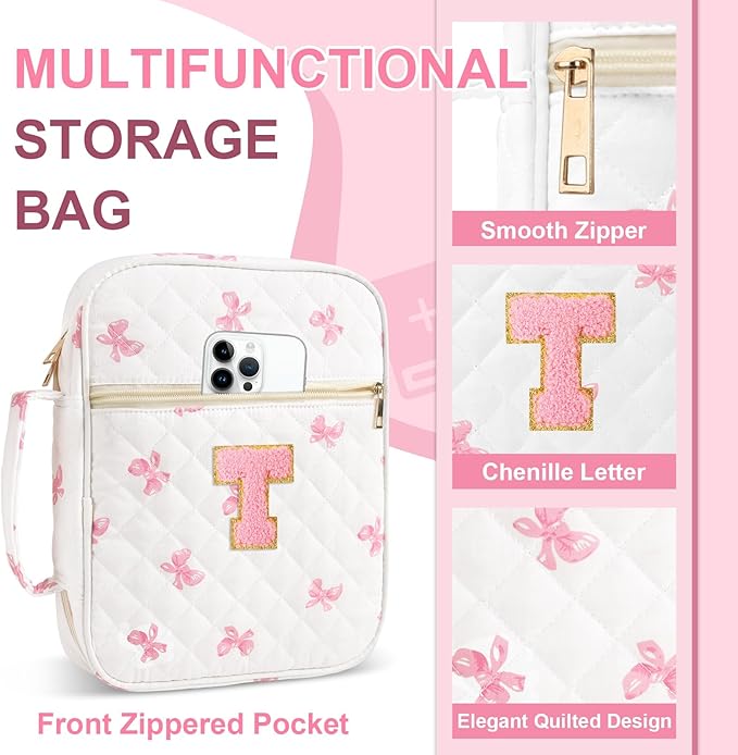 Personalized Initial Bible Cover Case for Women Girls Kid - Large Quilted Bible Case with Handle, Stylish Chenille Letter Bag Study Supplies, Perfect Christmas Gifts for Christians Women (Pink Bow-T)