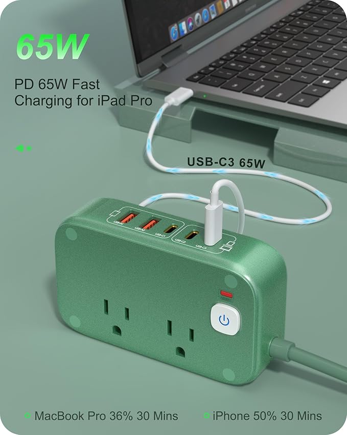 Surge Protector Power Strip with USB Ports, 7-in-1 65W Desktop Charging Station Outlet Extender with 2 AC Outlets, 3 USB-C and 2 USB-A Ports for Laptop/Phone and More