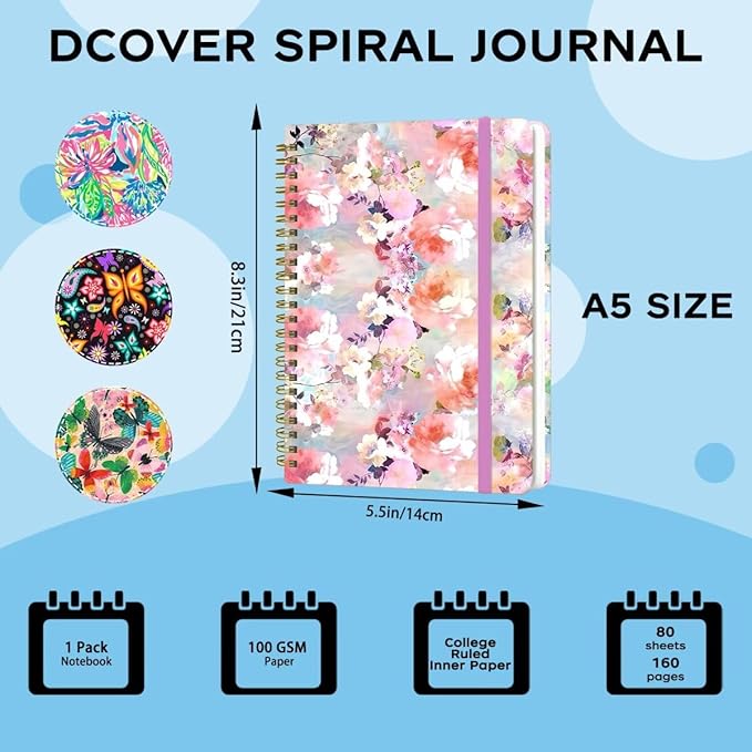 Spiral Notebook - A5 Spiral Notebooks, 8.3'' × 5.8'', 160 Pages, Aesthetic Journaling Notebooks for Women, College Lined Notebook with Elastic Closure, Back Pocket, for School Office, Pink Flower