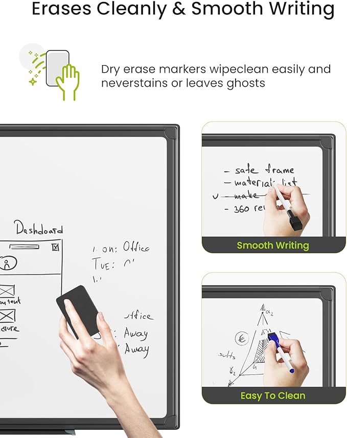 VUSIGN Magnetic White Board Dry Erase 24" x 18" with 1 Dry-Erase Eraser, 2 Multicolor Marker, 4 Magnetic Pins, Black Reinforced Aluminum Frame for Office, Home, School