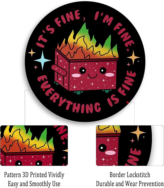 Gctriki Dumpster on Fire Mouse Pad, Cute Round Mouse Pads for Desk, Funny Red Dumpster Mousepad for Laptop Gaming, Stitched Edge Non-Slip Rubber Base, Cute Office Desk Accessories Decor for Women