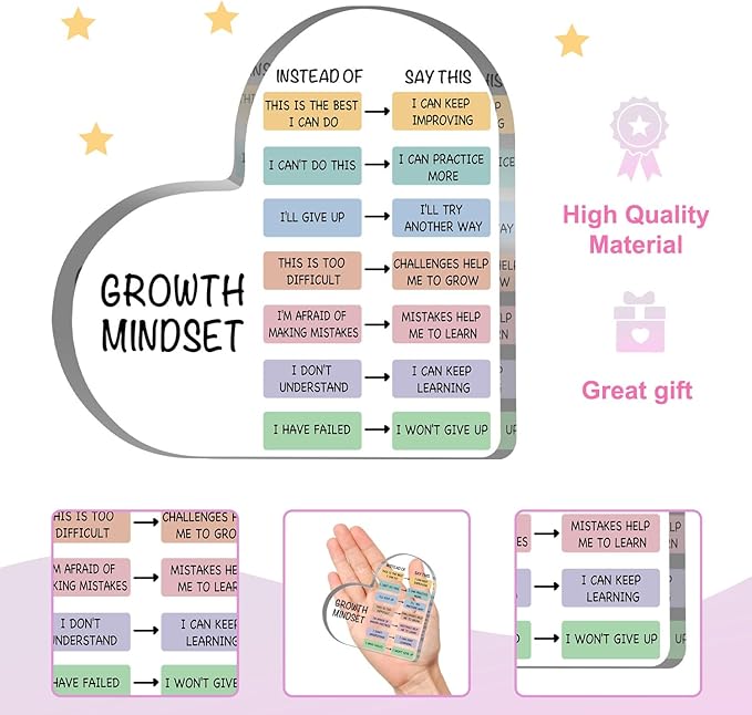 Growth Mindset Decor, Therapy Office Mental Health Classroom Art Educational Change Your Mindset Decorations Acrylic Heart Inspirational Gift Positive Sayings Inspirational Gifts for Teacher Students