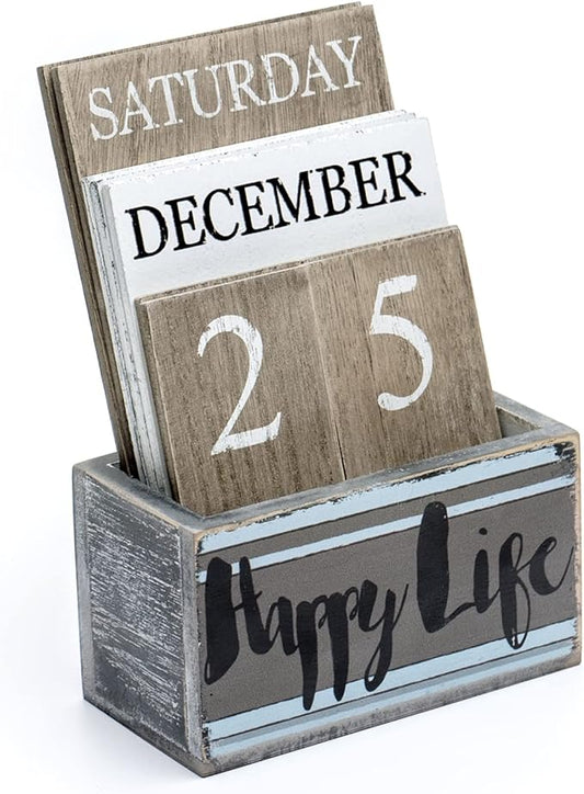 Notakia Perpetual Calendar Wooden Calendar Blocks Vintage Wood Block Calendar for Home Office Desk Accessories Week Month Date Display (Happy Life)