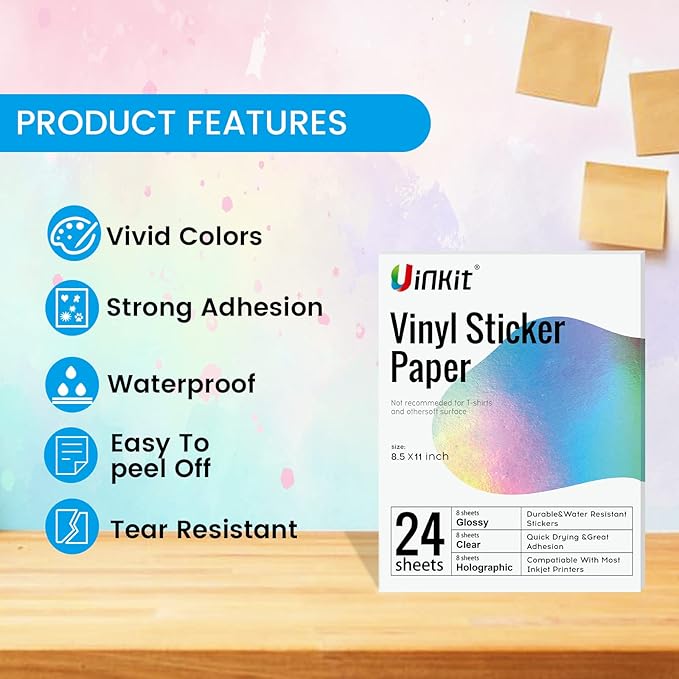Uinkit Premium Printable Vinyl Sticker Holographic Glossy Transparent Each 8 Sheets For Inkjet Printer Variety Pack- 24 Sheets Mixed Finish Label Dries Quickly Vivid Colors, Holds Ink well