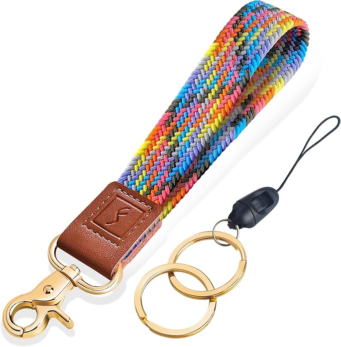Fishent Stretchy Wristlet Keychain,Braided Cute Wrist Lanyards for Keys, Key Chain Holder for Women Men, Wrist Strap Keychain for Car Keys Phone Camera Wallet ID Badges Card (Colorful Pink)