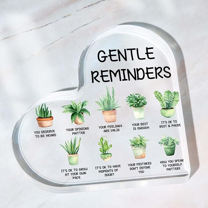 Gentle Reminders Decor, Positive Affirmations Desktop Art Decorations for Home Therapy Office School Counselling Office Mental Health Awareness Gifts, Positive Affirmations Heart Acrylic Decor