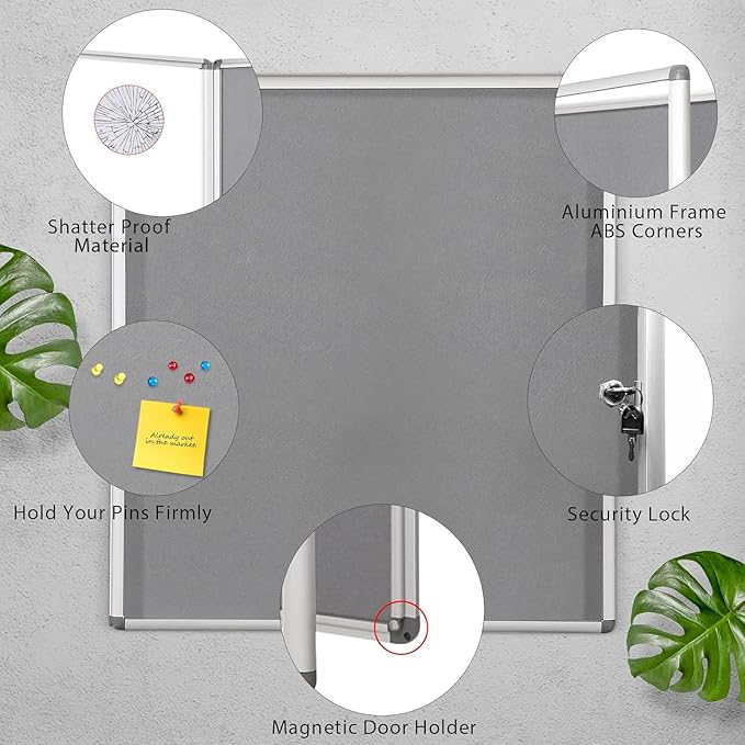 SWANCROWN Lockable Felt Bulletin Indoor Display Case Big Message Center Board with Aluminium Frame,38x38 inches (12xA4)