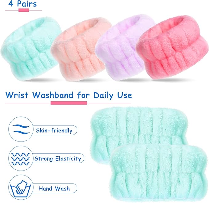 Chuangdi 4 Pairs Wrist Bands for Washing Face Wrist Spa Microfiber Wash Towel Band Scrunchies Absorbent Wristbands Sweatband for Women Prevent Liquid from Spilling