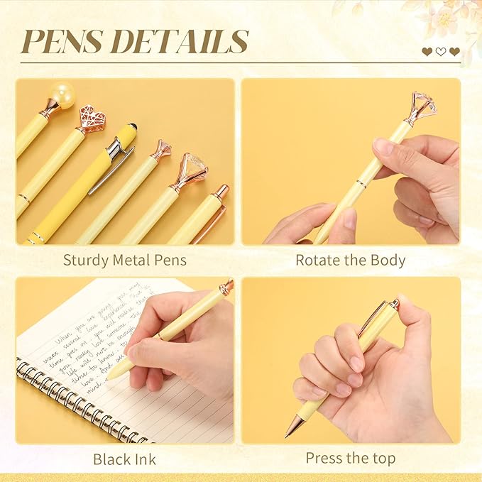 6 Pcs Ballpoint Pens Set Metal Crystal Diamond Pen for Journaling Glitter Pretty Cute Stationery Black Ink Fancy Gifts for Women Girls Teacher Office Wedding School Supplies(Yellow)