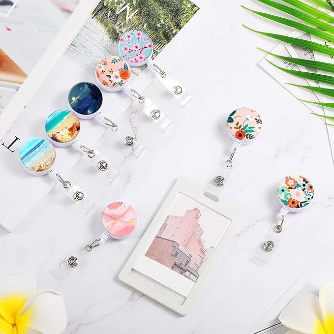 Retractable Badge Reel Clip, Badge Holder with Alligator Clip, Cute Badge Clip on ID Name Card Holders for Nurse Doctor and Office (3Pack Marble Purple & Pink)