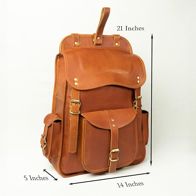 Satchel And Fable Vintage Full Grain 21 Inch Leather Laptop Large Backpack Casual Bookbag Daypack Camping Travel Rucksack Knapsack