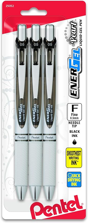 Pentel Gel Ink Pen, EnerGel Pearl RTX0.5mm, Fine Point, Needle Tip (BLN75WBP3A),Black