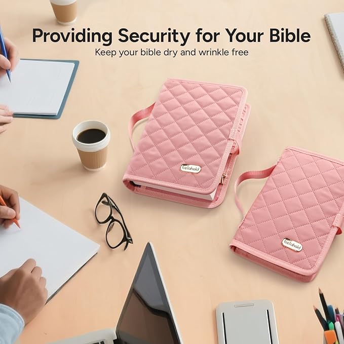 Adjustable Bible Cover with 75 Bible Tabs - Bible Cover Case for Women，Waterproof, Washable Quilted Bible Case，Reusable Christian Gifts for Women (Pink, M)