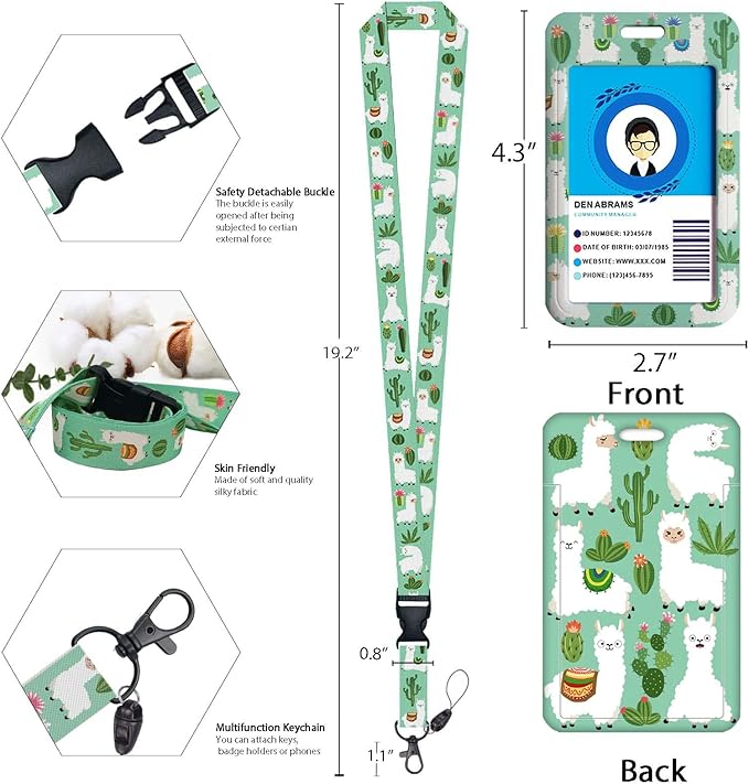 Cute Alpaca&Cactus Lanyards Detachable for Id Badges, Green Plants Retractable ID Badge Holder, Fashionable Badge Reel Heavy Duty with 360 Degrees Rotate Carabiner Clip, Nurse Teacher Office Gifts