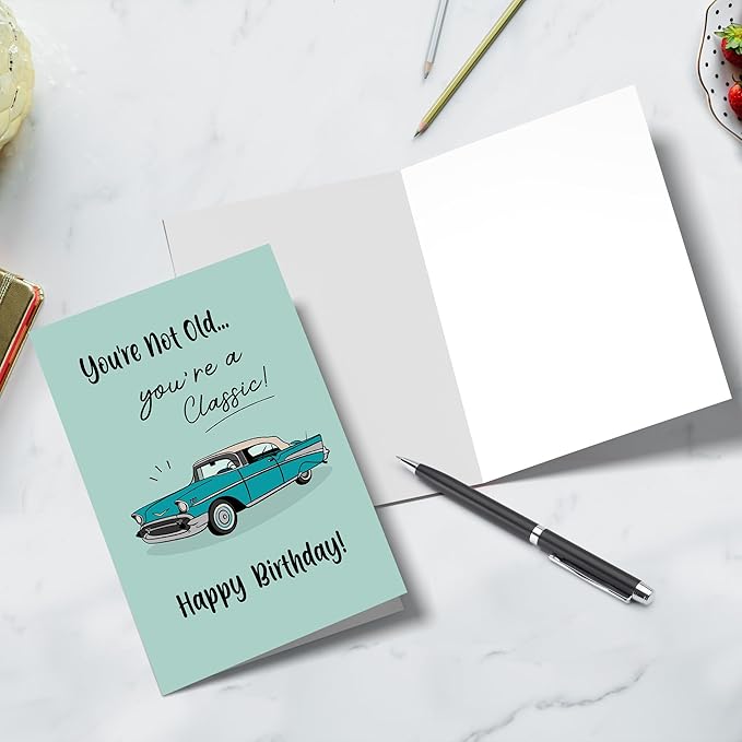Funny Birthday Card for Him - You're Not Old You're a Classic Card, Retro Birthday Cards for Men, Classic Car Birthday Card for Dad Husband Grandpa