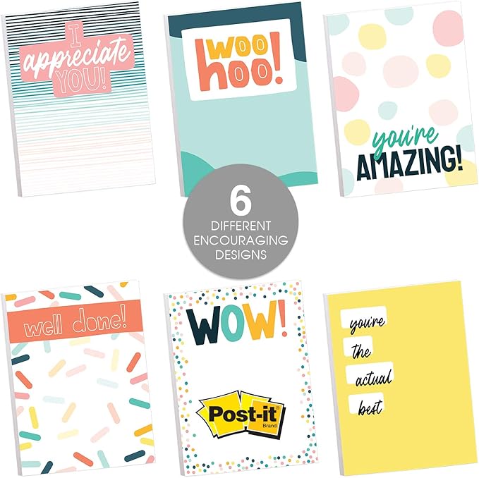 Modern Appreciation Sticky Note Assortment / 3" x 4" Repositionable Sticky Note Set/Set of 6 Colorful Encouragement Pads/Made in The USA