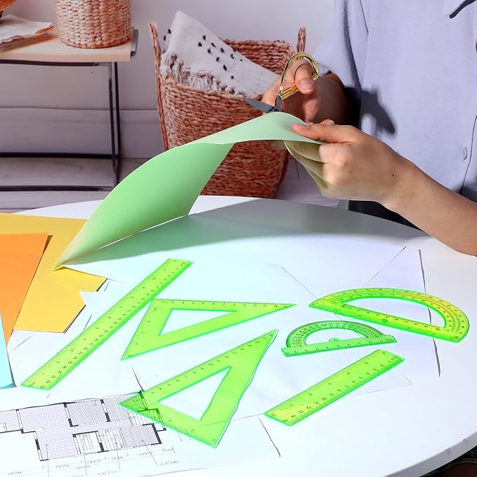 Tenare 6 Pcs Plastic Ruler Math Set Includes 12 Inch 6 Inch Straight Ruler Protractor Triangle Rulers Geometry Transparent Math Ruler Measuring Tools for School Office Home(Green)