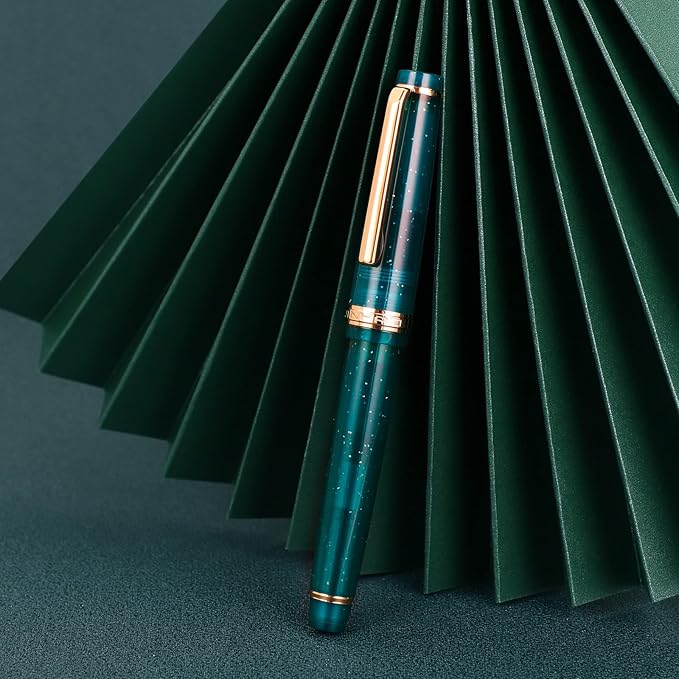 Jinhao 82 Acrylic Fountain Pen, Iridium Extra Fine Nib with Ink Converter, Transparent Peacock Blue Fluorescent Classic Design Smooth Writing Pen (Gold Trim)