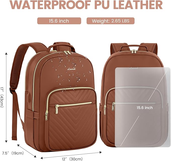 LOVEVOOK Leather Backpack for Women,15.6 inch Leather Laptop Backpack Women Computer Backpack Laptop Bag,Stylish Quilted Travel Backpack Purse Work Bag College Teacher Backpack with USB Port,Brown