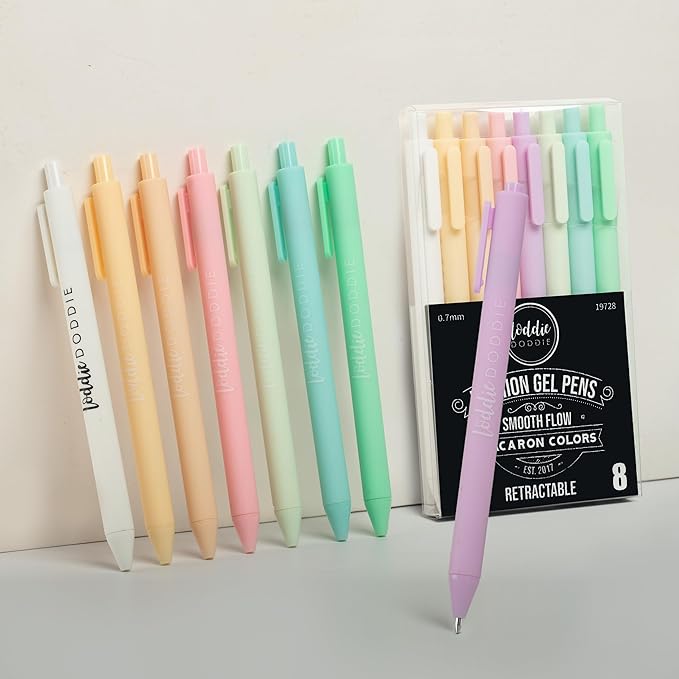 Loddie Doddie Macaron Color Pens for Journaling & Note Taking - 8 Pack 0.7 mm Medium Point Smooth Retractable Pens, No Bleed & Smudge - Pastel Colored