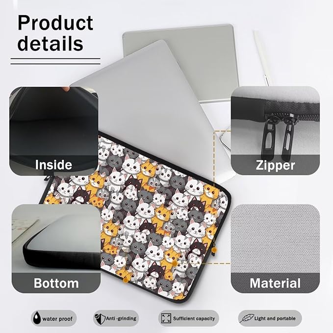 Cartoon Cats Printed Laptop Bag for Women Men, 17 Inch Laptop Sleeve Case Water Resistant Neoprene Computer Case Bag Laptop Briefcase Tablet Briefcase Carrying Bag, Multicolor