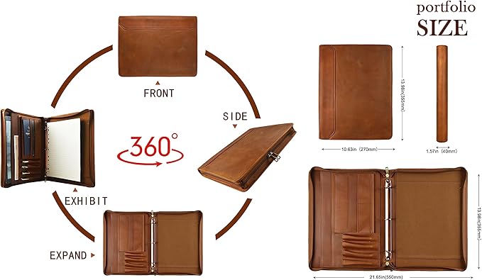 AZXCG Men's Genuine Leather Business Portfolio, Zippered Padfolio Organizer 3-Ring Binder, Organized Portfolio with Pen Rings, Business Card Holder, File Pocket, Holds 99% of iPad and Kindle Fire.