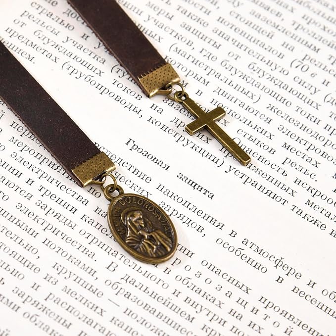 Bookmarks, Handmade Retro Cross Bible Bookmark with Long Leather Straps, Oval Tag Christian Saint Book Mark, Ideal Christian Gift (Style 7)