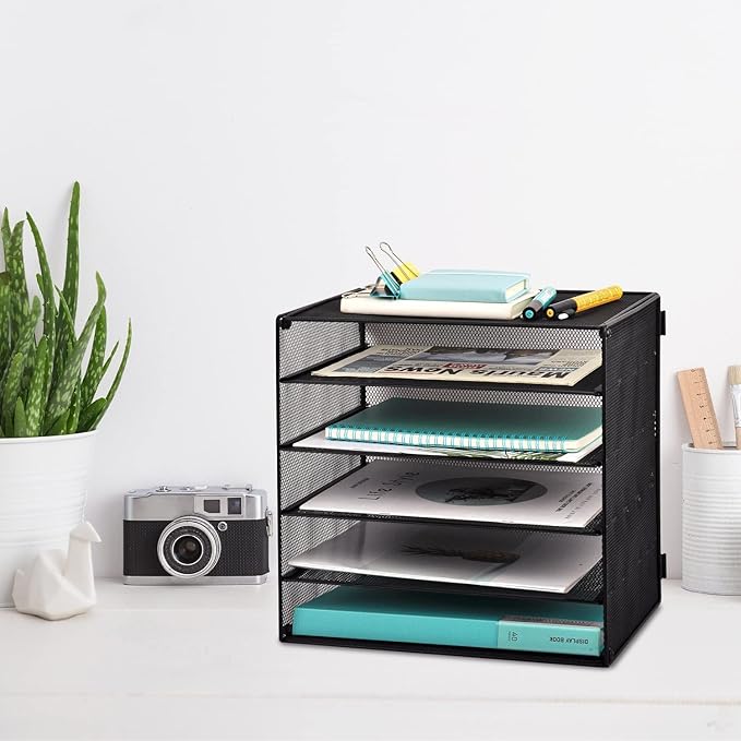 EASEPRES 5 Slot Mesh Desk Organizer Tray, File Paper Letter Folder Holder Desktop Paper Sorter Mail Organization Rack Storage Accessories, for Office Home School Classroom, Black