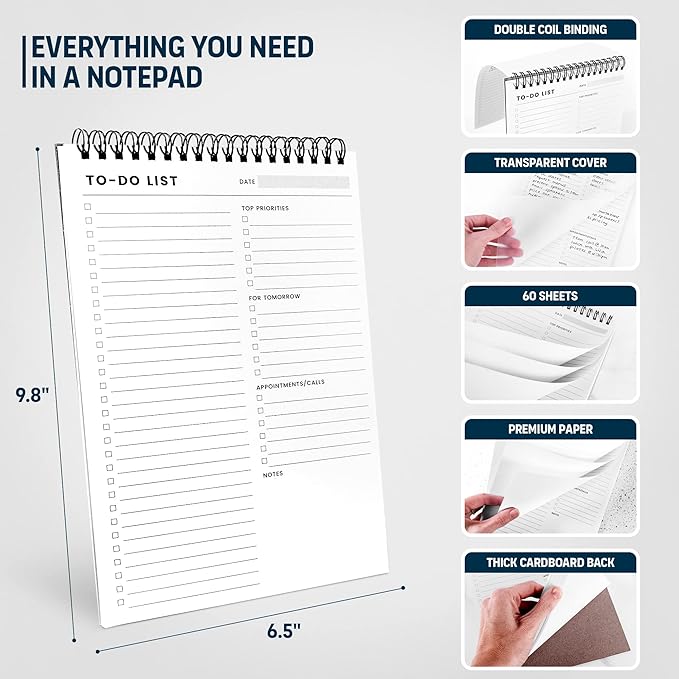To Do List Notepad: With Multiple Functional Sections - 6.5 x 9.8" 60 Sheets - Spiral Daily Planner Notebook - Task CheckList Organizer Agenda Pad for Work - Note and Todo Organization