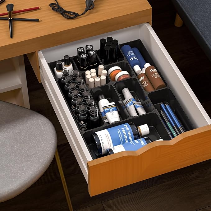 Utility Drawer Organizer Set of 13,With Non-Slip Silicone Pads, 5 Size Small Bins for Organization for Bathroom、Vanity、Nightstan、Kitchen、Office Desk Black Plastic Organizing Containers for Drawers