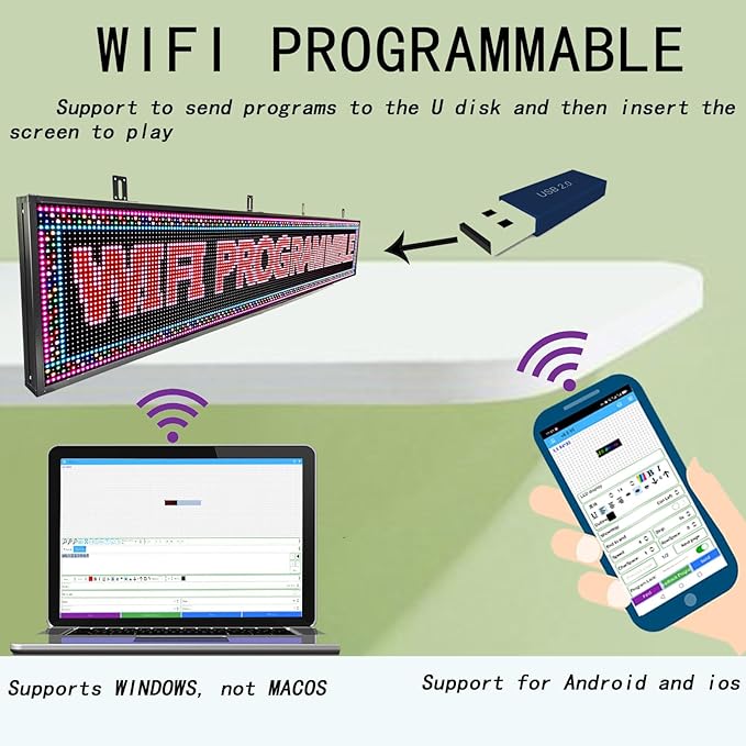 P10 Outdoor Scrolling Led Signs Programmable, Digital Electronic display screen Marquee Message Board custom word for Business Store Restaurant Window Advertising, Full Color High Brightness Wifi Control, 77''x14''