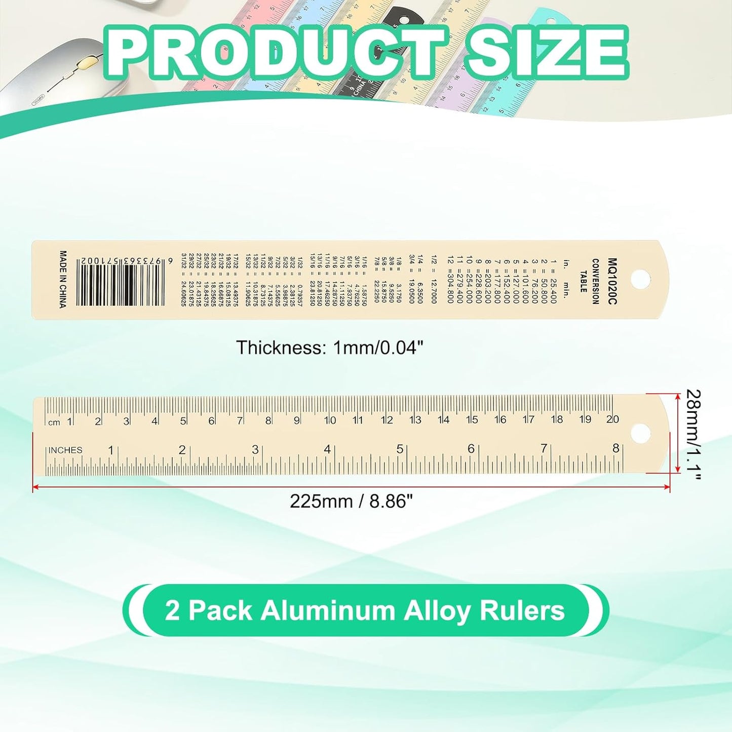 PATIKIL 20cm/8" Metal Ruler, 2 Pack Aluminum Alloy Rulers with Centimeters, Millimeters, Inches and Conversion Table Straight Edge Ruler for Writing Machinist Drafting, Yellow