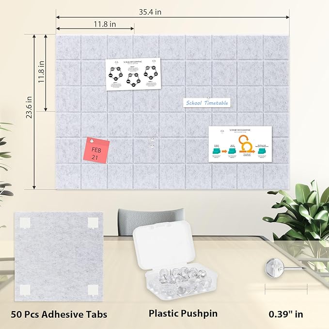 Smarpau Large Cork Bulletin Board 48"x36" Cork Board Wall Tiles 12 Pack Corkboards for Walls Cork Board Felt Board Tiles for Office Home Gray Pin Board Tack Board Squares Alternative