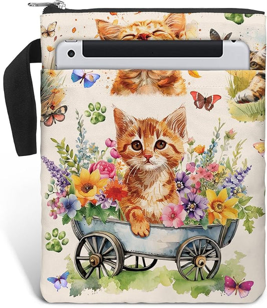 Book Sleeve Gift for Book Lovers. Cover With Zipper and Front Pocket. Washable Fabric 11 X 8.5 Inch Padded Bag. Cat Flower Garden.