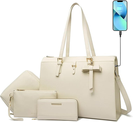 Keyli 4pc Sets Laptop Bag for Women Large Leather Laptop Briefcase with USB Charging Port Computer Shoulder tote Bags Purse