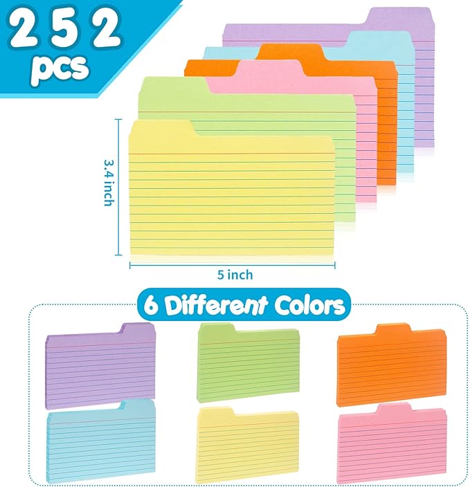 Koogel 252 PCS Tabbed Index Cards, Colorful 3 x 5 Inch Flash Card Dividers Cards Ruled Notecards with Tab for Learning Note Taking To Do List
