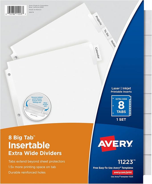 Avery 11223 Insertable Big Tab Dividers, 8-Tab, 11 1/8 x 9 1/4