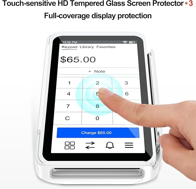 Kailfee Protective Case and 3pc HD Screen Protector for Square Terminal, Plastic Protective Hard Case Anti-Slip Grip Design, Anti-Scratch Tempered Glass Screen Protector(White)