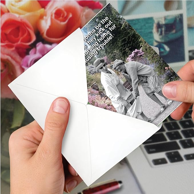 NobleWorks - 1 Funny Happy Birthday Greeting Card - Old Woman Humor, Notecard Talk Bubbles - Old Troublemakers C3567BDG