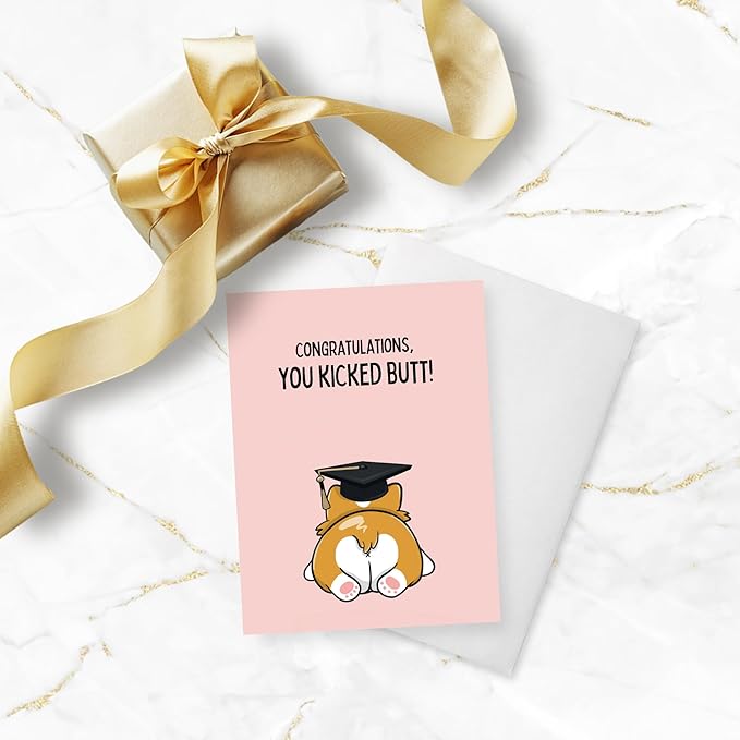 ALY LOU Graduation Card Funny for Him/Her, Congratulations Grad Card for Students Son Daughter, College High School University Greeting Cards (You Kicked Butt! - Corgi Dog)