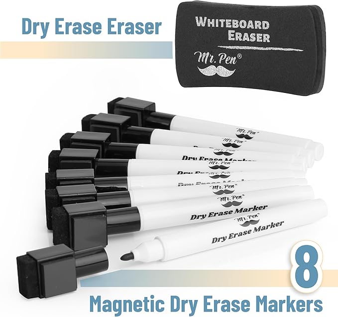 Mr. Pen- Magnetic Dry Erase Markers, 8 Pack with 1 Dry Erase Eraser, Black Dry Erase Markers Magnetic, Dry Erase Markers with Magnet, Dry Erase Magnetic Markers, Dry Erase Pens Fine Tip Dry Erase