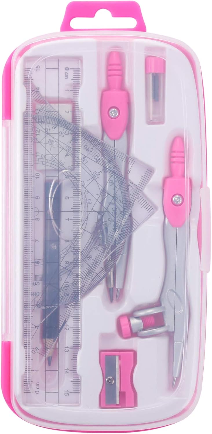 Math Geometry Kit Sets 10 Piece Student Supplies with Shatterproof Storage Box,Includes Rulers,Protractor,Compass,Eraser,Pencil Sharpener,Lead Refills,Pencil,for Drafting and Drawings（Pink）