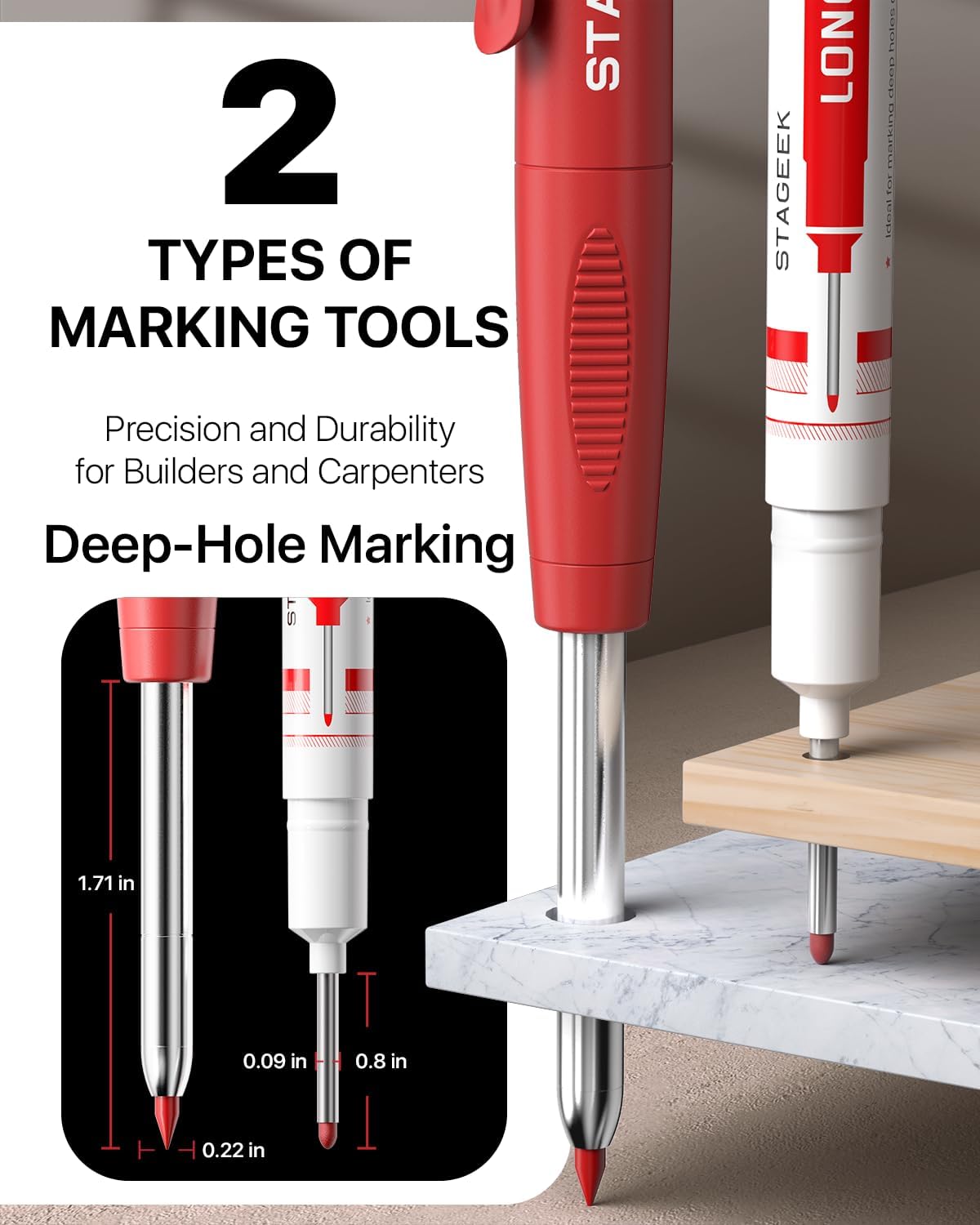Carpenter Pencils Set with Sharpener, Heavy Duty Woodworking Tools with 13 Refills (Red, Black, Yellow), Construction Pencil and Deep Hole Long Nib Marker Pen for Architect Marking with Case